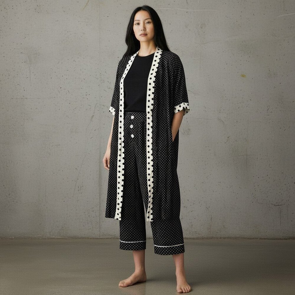 NEW Soma Cool Nights Robe & Crop Pant PJ Set, Modern Dot Black M